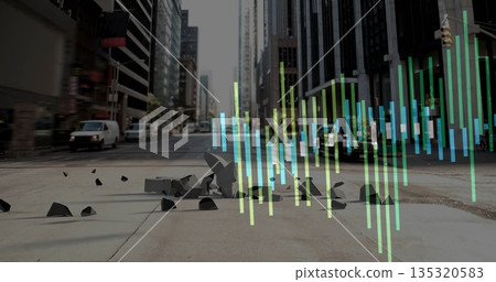 Hovering digital data bars overlaying downtown street with white van, debris and traffic lights 135320583