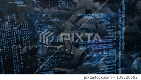 Hovering stylized helmet icon over grid floor under cloudy sky, with code streams and network nodes Hovering stylized helmet icon over grid floor under cloudy sky, with code streams and network nodes 135320592