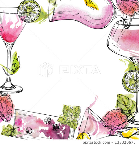Watercolor frame of rose cocktails with citrus and mint garnish, gentle ink contours. Pink lady, strawberry milkshake, blueberry lemonade hand drawn for feminine party invites or modern drink menus. Watercolor frame of rose cocktails with citrus and mint garnish, gentle ink contours. Pink lady, strawberry milkshake, blueberry lemonade hand drawn for feminine party invites or modern drink menus. 135320673