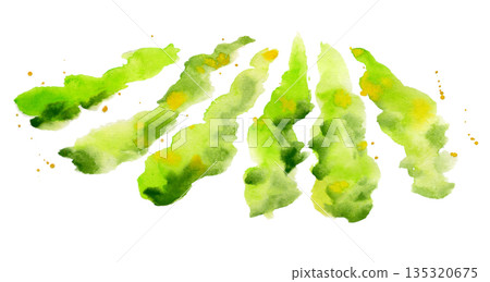 Layered watercolor landscape, tree rows of may green meadows, distant hills, golden sunlight speckles. Hand drawn isolated illustration for eco agriculture, vineyard farming, organic harvest product. Layered watercolor landscape, tree rows of may green meadows, distant hills, golden sunlight speckles. Hand drawn isolated illustration for eco agriculture, vineyard farming, organic harvest product. 135320675