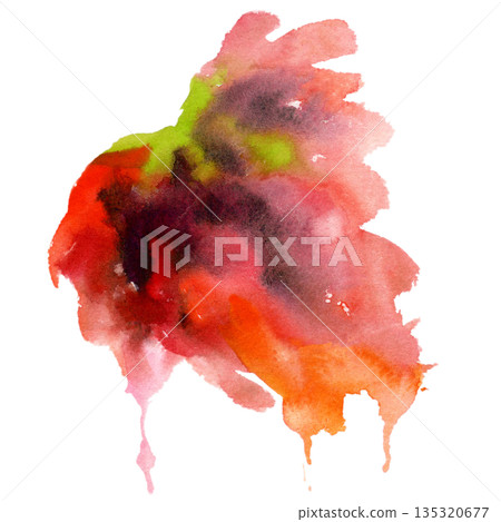 Vibrant leaf shaped splash in coral and red tone. Warmth, passion, tropical mood. Single object isolated illustration hand drawn in watercolor. Stationery, textile prints, lifestyle design projects. 135320677