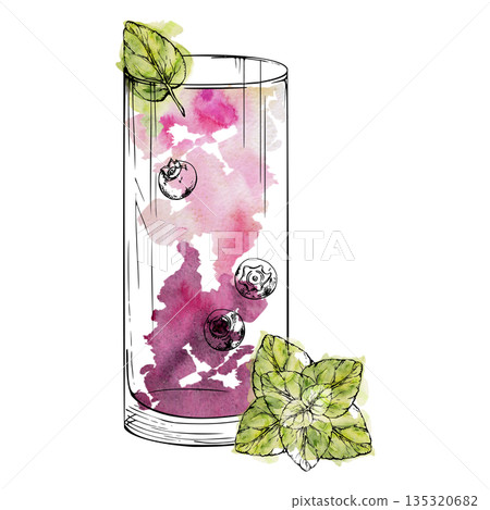 Vibrant Mojito Berry Twist cocktail, juice or milkshake in highball glass with mint leaves garnish. Watercolor splashes and fine ink detail. Isolated illustration for bar branding, festive layouts. Vibrant Mojito Berry Twist cocktail, juice or milkshake in highball glass with mint leaves garnish. Watercolor splashes and fine ink detail. Isolated illustration for bar branding, festive layouts. 135320682
