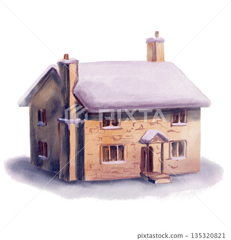 Charming two story stone English cottage with porch,chimney,snow covered gabled roof.Watercolor landscape element in soft washes and texture,for holiday branding,storybook art,cozy winter theme Charming two story stone English cottage with porch,chimney,snow covered gabled roof.Watercolor landscape element in soft washes and texture,for holiday branding,storybook art,cozy winter theme 135320821