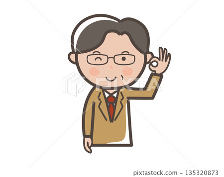 插圖描繪了一位戴眼鏡的中年男性商務人士的上半身，他正在比劃“OK”手勢。 135320873