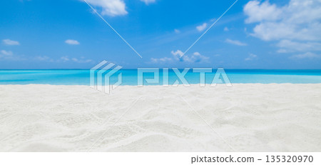 Sunny Mediterranean beach landscape panorama, tropical ocean shoreline, golden sand closeup, clear blue sky, summer travel destination, coastal nature scenery, relaxing panoramic seaside background 135320970
