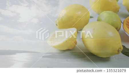 Displaying close-up lemons and lime on studio tabletop, with green citrus leaves, copy space Displaying close-up lemons and lime on studio tabletop, with green citrus leaves, copy space 135321079