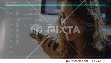 Speaking woman in dark top using smartphone in office, code overlay, blurred monitors, copy space Speaking woman in dark top using smartphone in office, code overlay, blurred monitors, copy space 135321099