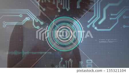 Displaying circular digital HUD over blurred woman silhouette in digital environment, circuit grid 135321104