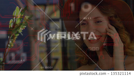 Talking woman using smartphone at right ear in server room, with virus code overlay, copy space Talking woman using smartphone at right ear in server room, with virus code overlay, copy space 135321114