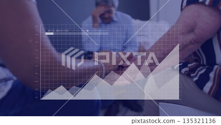 Holding hands three senior adults sharing bond in meeting room with line graph overlay 135321136