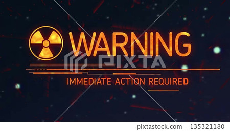 Displaying orange radiation hazard icon with WARNING IMMEDIATE ACTION REQUIRED alert on gradient UI Displaying orange radiation hazard icon with WARNING IMMEDIATE ACTION REQUIRED alert on gradient UI 135321180
