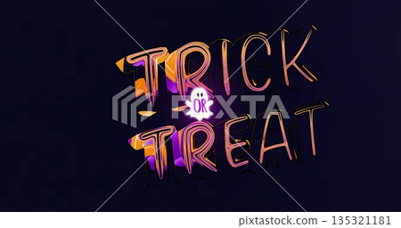 Displaying bold hand-drawn TRICK and TREAT lettering on dark gradient backdrop, with glowing ghost Displaying bold hand-drawn TRICK and TREAT lettering on dark gradient backdrop, with glowing ghost 135321181