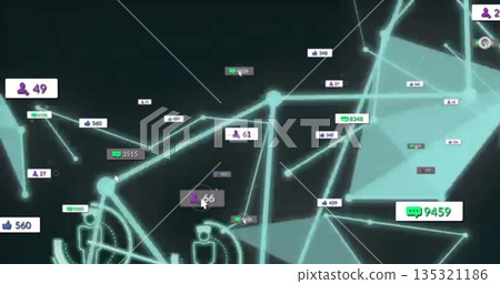 Displaying teal nodes and mesh in dark cyberspace, with social media icons and mouse cursor pointer Displaying teal nodes and mesh in dark cyberspace, with social media icons and mouse cursor pointer 135321186