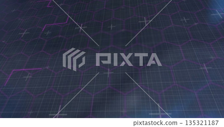 Displaying hexagonal grid receding on virtual 3D plane, with purple neon lines and white crosshairs Displaying hexagonal grid receding on virtual 3D plane, with purple neon lines and white crosshairs 135321187