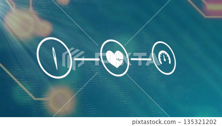Displaying three linked white circular icons glowing on teal dashboard, showing circuit patterns 135321202