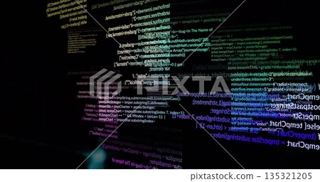 Displaying code snippets and terminal text glowing in virtual console with JavaScript syntax 135321205