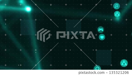 Hovering vertical column of glowing teal interface icons on digital grid background, copy space 135321206