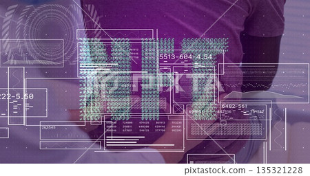 Analyzing digital data overlays team standing behind office desk, with tablet, coffee mug, laptop 135321228