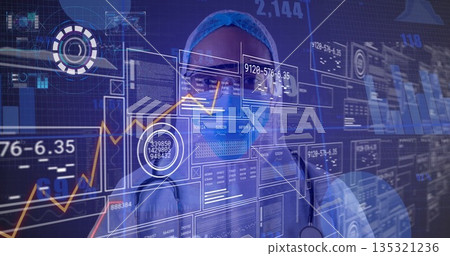 Medical professional using holographic panels analyzing data in futuristic lab, wearing stethoscope 135321236