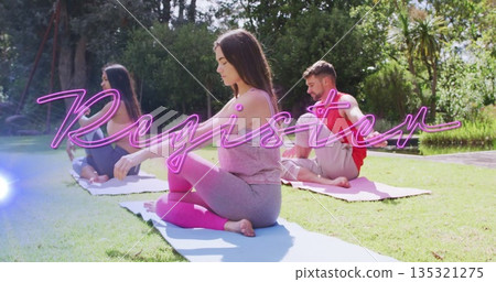 Woman in pink clothing holding twist pose on yoga mat in garden, with neon-style Register overlay Woman in pink clothing holding twist pose on yoga mat in garden, with neon-style Register overlay 135321275