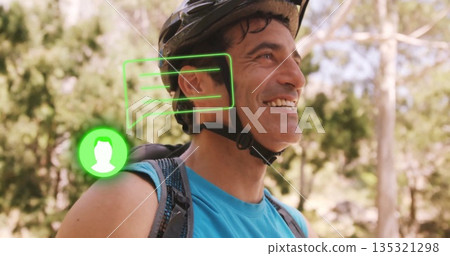 Man wearing bicycle helmet and hydration pack standing on forest trail, showing chat bubble overlay Man wearing bicycle helmet and hydration pack standing on forest trail, showing chat bubble overlay 135321298