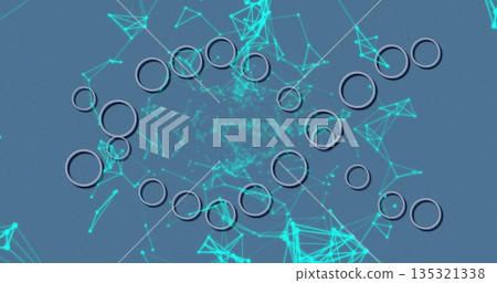 Displaying dark rings over glowing cyan network nodes with thin cyan lines in data visualization 135321338