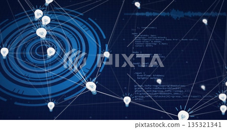 Displaying lightbulb node icons around concentric interface on dark blue grid, with code snippet Displaying lightbulb node icons around concentric interface on dark blue grid, with code snippet 135321341