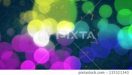 Overlapping neon circles floating over dark backdrop, featuring network lines, constellation marks Overlapping neon circles floating over dark backdrop, featuring network lines, constellation marks 135321343