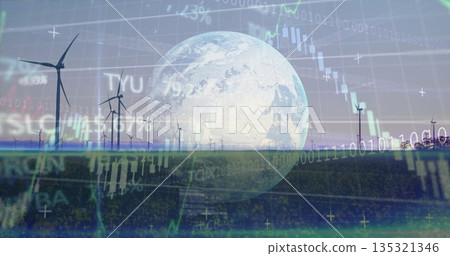 Lining white wind turbines across farm under blue sky, with Earth globe and binary code overlays Lining white wind turbines across farm under blue sky, with Earth globe and binary code overlays 135321346
