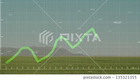 Displaying transparent grid overlaying field beneath clear sky, with line chart and value labels Displaying transparent grid overlaying field beneath clear sky, with line chart and value labels 135321355
