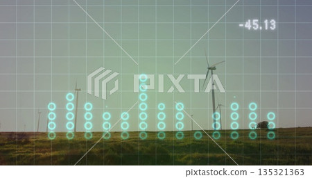 Spinning wind turbines operating on grassy plain, displaying digital grid with data markers 135321363