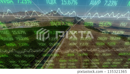 Displaying straight two-lane road cutting through rural farmland, with overlaid stock ticker graphs Displaying straight two-lane road cutting through rural farmland, with overlaid stock ticker graphs 135321365