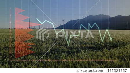 Displaying grid overlay and charts over cereal crops at wind farm, with turbines and mountains Displaying grid overlay and charts over cereal crops at wind farm, with turbines and mountains 135321367