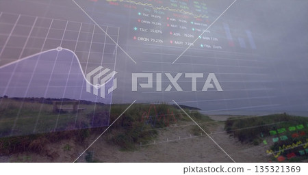 Displaying sandy path winding through dune grasses toward shoreline, with analytics overlays 135321369