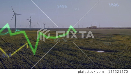 Displaying white wind turbines standing in rural farmland with neon graph showing 1456 924 1806 135321370