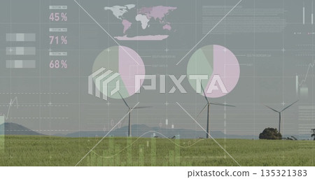 Displaying three wind turbine towers rising over field, with translucent pie charts and world map Displaying three wind turbine towers rising over field, with translucent pie charts and world map 135321383