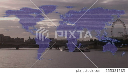 Semi-transparent purple world map overlay covering riverside view, with boats under Ferris wheel 135321385