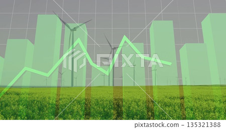 Displaying translucent green bar chart and line graph over wind farm with yellow flowering field 135321388