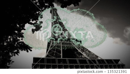 Showing Eiffel Tower rising in Paris skyline framed by branches, with neon cloud, gears and circui Showing Eiffel Tower rising in Paris skyline framed by branches, with neon cloud, gears and circui 135321391