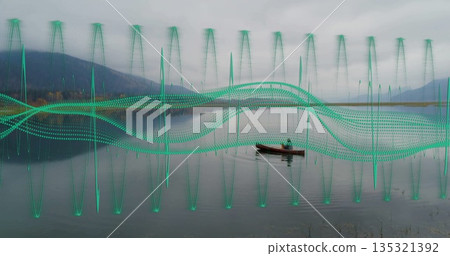 Drifting man in jacket paddling wooden rowboat past reeds on misty lake with teal waveform overlay Drifting man in jacket paddling wooden rowboat past reeds on misty lake with teal waveform overlay 135321392
