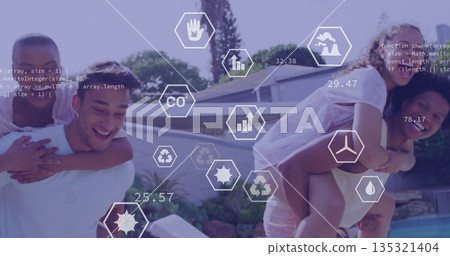 Friends wearing summer outfits riding piggyback in backyard pool area with hex icons, code snippet Friends wearing summer outfits riding piggyback in backyard pool area with hex icons, code snippet 135321404