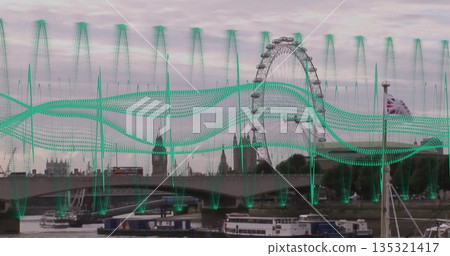 Showing London Eye turning above River Thames, with bus crossing bridge, boats, green wave overlays 135321417