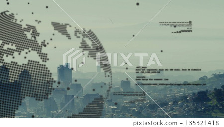 Overlaying dotted globe hovering over urban skyline from hilltop, with floating code snippets 135321418
