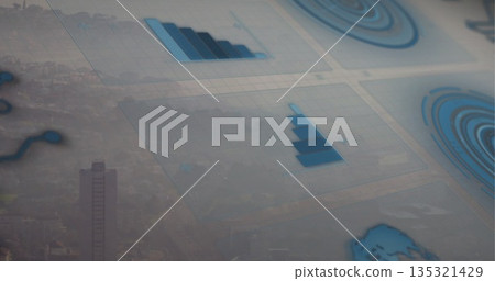Displaying data panels hovering over city skyline featuring bar charts and circular infographics Displaying data panels hovering over city skyline featuring bar charts and circular infographics 135321429
