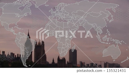 Overlaying clear world map over London skyline at dusk, with Parliament spires, cranes Overlaying clear world map over London skyline at dusk, with Parliament spires, cranes 135321431