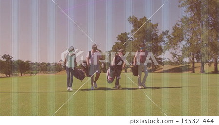 Walking four golfers carrying golf bags down golf course fairway, wearing caps, sunhat and gloves Walking four golfers carrying golf bags down golf course fairway, wearing caps, sunhat and gloves 135321444