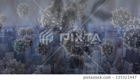 Hovering cluster of translucent virus particles looming over downtown skyline, showing viral threat Hovering cluster of translucent virus particles looming over downtown skyline, showing viral threat 135321447