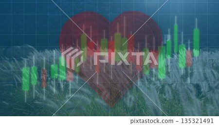 Displaying translucent red heart overlaying meadow grid, featuring red and green candlestick bars Displaying translucent red heart overlaying meadow grid, featuring red and green candlestick bars 135321491