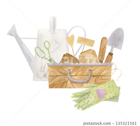 Watercolor watering can, gloves and gardening tools in wooden box isolated on white. Vintage spring garden clipart in rustic style 135321581