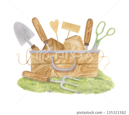Watercolor gardening tools in wooden box on grass: trowel, scissors and garden fork isolated on white. Vintage spring clipart. Watercolor gardening tools in wooden box on grass: trowel, scissors and garden fork isolated on white. Vintage spring clipart. 135321582